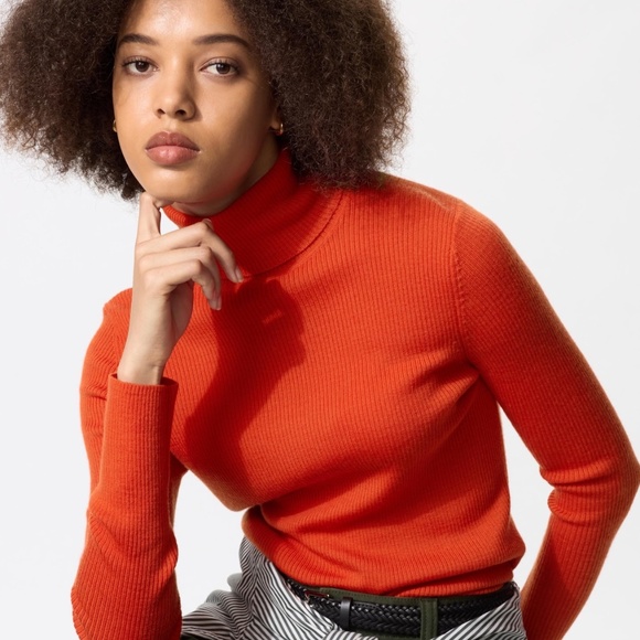 UNIQLO Orange Merino Ribbed Turtleneck Sweater Size M - Picture 1 of 9